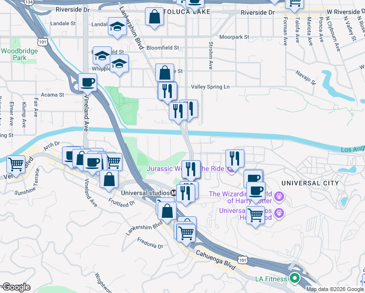 map of restaurants, bars, coffee shops, grocery stores, and more near 4055 Lankershim Blvd in Studio City