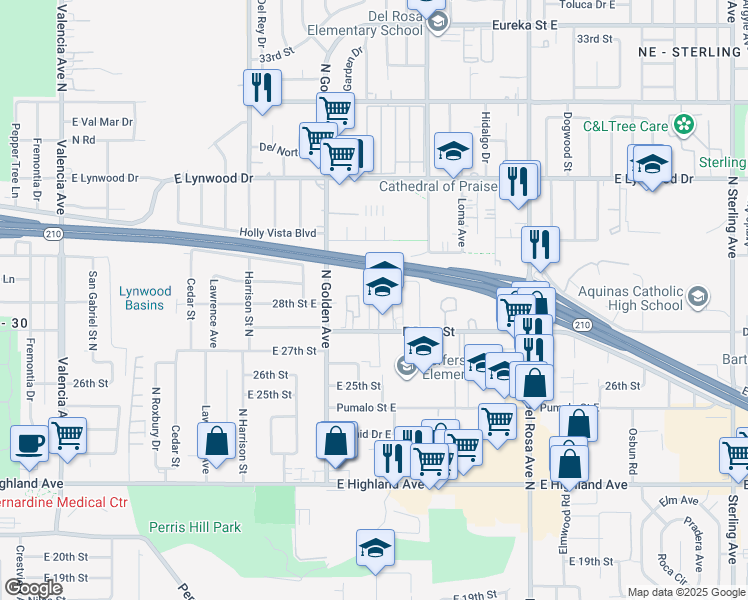 map of restaurants, bars, coffee shops, grocery stores, and more near 2779 Conejo Drive in San Bernardino