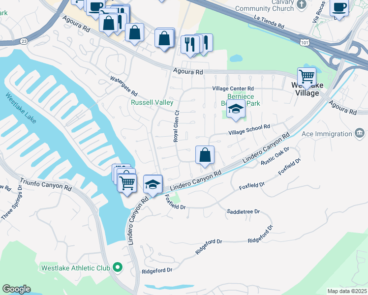 map of restaurants, bars, coffee shops, grocery stores, and more near 31919 Benchley Court in Westlake Village