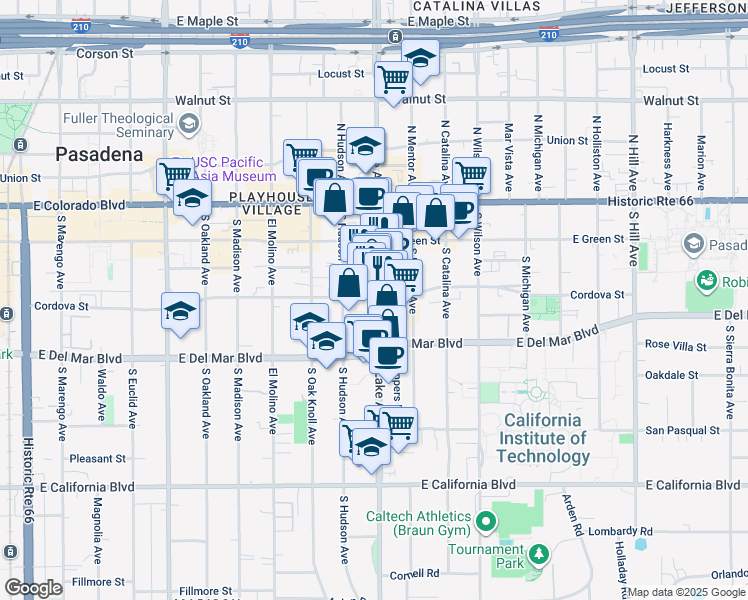 map of restaurants, bars, coffee shops, grocery stores, and more near 201 South Lake Avenue in Pasadena