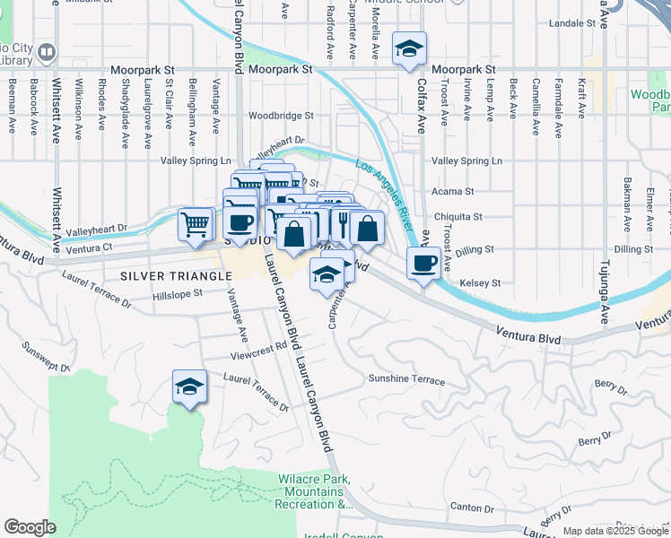 map of restaurants, bars, coffee shops, grocery stores, and more near 11923 Laurelwood Drive in Los Angeles