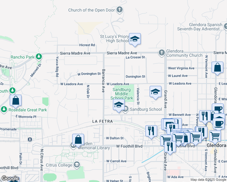 map of restaurants, bars, coffee shops, grocery stores, and more near 430 North Marcile Avenue in Glendora