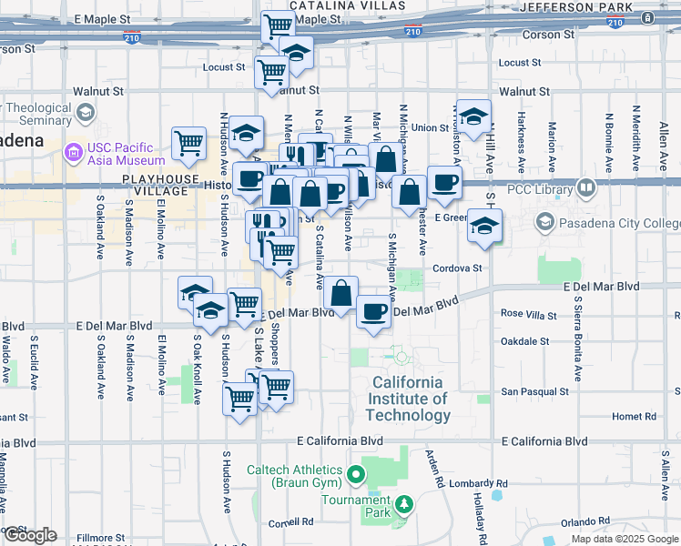 map of restaurants, bars, coffee shops, grocery stores, and more near 195 South Wilson Avenue in Pasadena