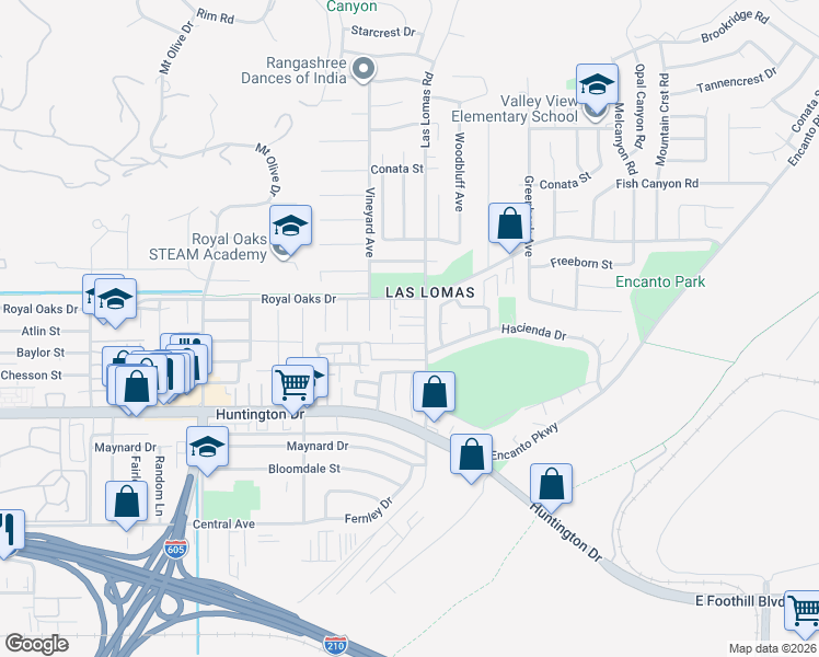 map of restaurants, bars, coffee shops, grocery stores, and more near 819 Las Lomas Road in Duarte