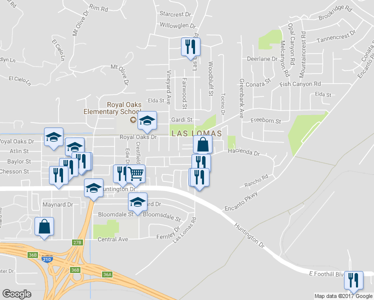 map of restaurants, bars, coffee shops, grocery stores, and more near 903 Las Lomas Road in Duarte
