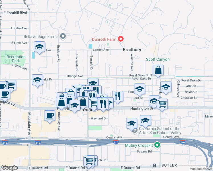 map of restaurants, bars, coffee shops, grocery stores, and more near 1423 1st Street in Duarte