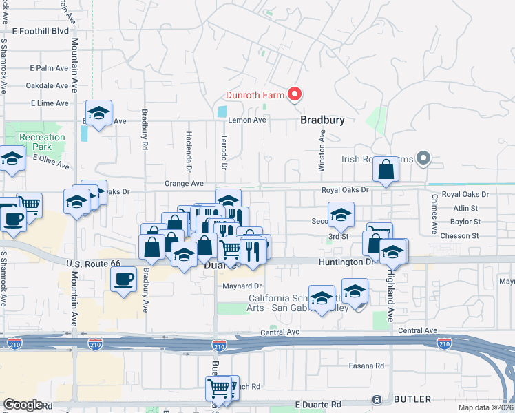 map of restaurants, bars, coffee shops, grocery stores, and more near 1411 1st Street in Duarte