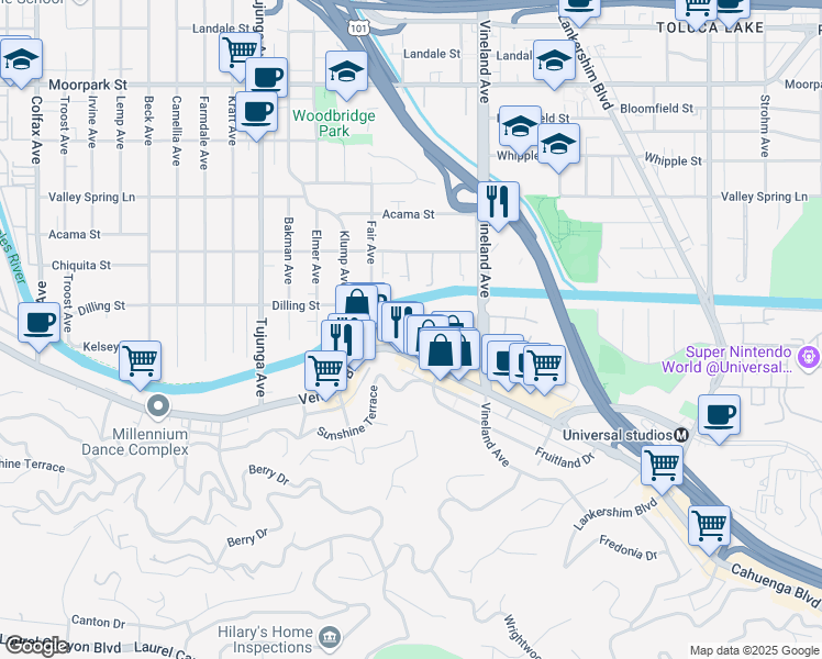 map of restaurants, bars, coffee shops, grocery stores, and more near 4211 Arch Drive in Los Angeles