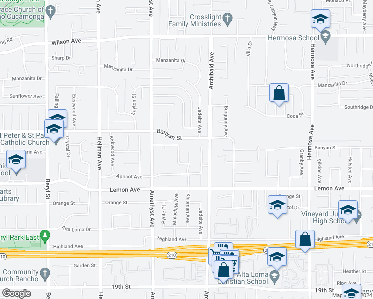 map of restaurants, bars, coffee shops, grocery stores, and more near 6154 Klusman Avenue in Rancho Cucamonga