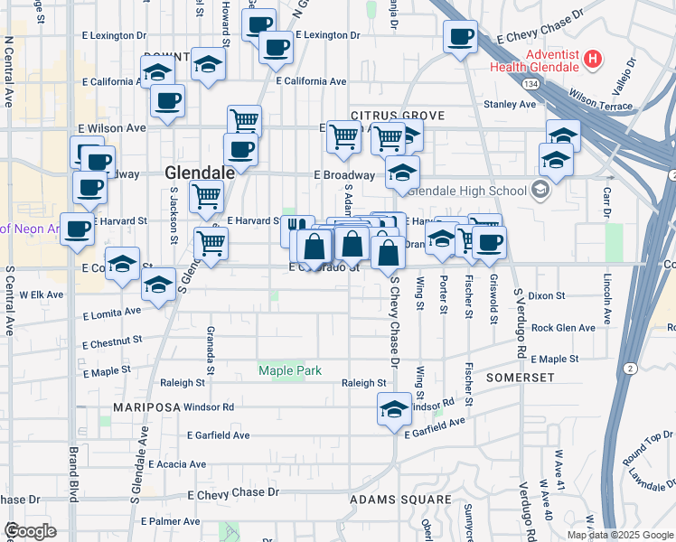 map of restaurants, bars, coffee shops, grocery stores, and more near 1014 East Colorado Street in Glendale