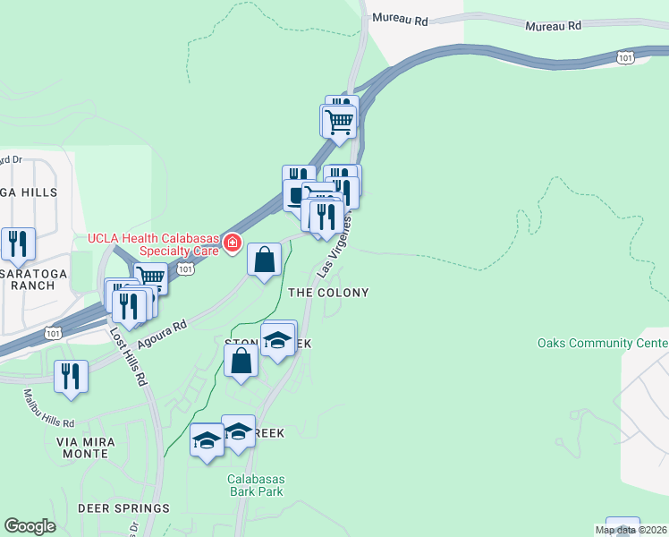 map of restaurants, bars, coffee shops, grocery stores, and more near 4701 Luna Court in Calabasas