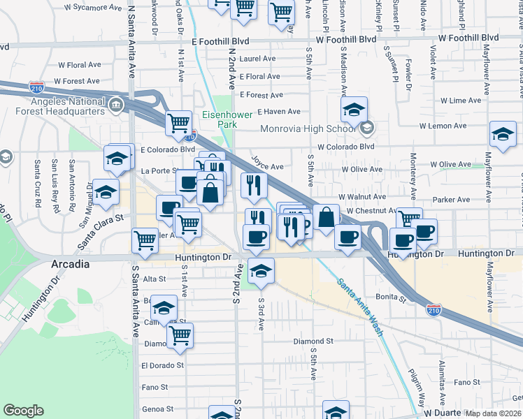 map of restaurants, bars, coffee shops, grocery stores, and more near 401 East Santa Clara Street in Arcadia