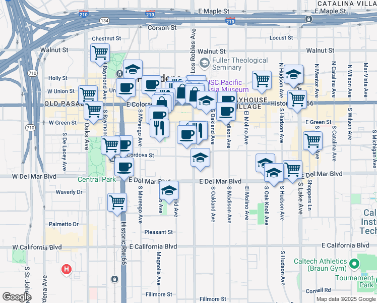 map of restaurants, bars, coffee shops, grocery stores, and more near 157 South Los Robles Avenue in Pasadena