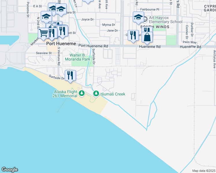 map of restaurants, bars, coffee shops, grocery stores, and more near 671 Bluewater Way in Port Hueneme