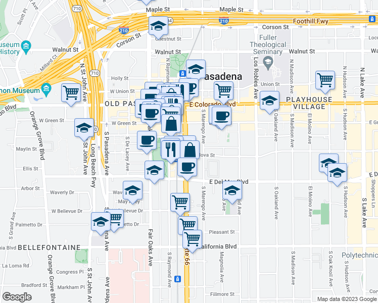 map of restaurants, bars, coffee shops, grocery stores, and more near 150 South Arroyo Parkway in Pasadena