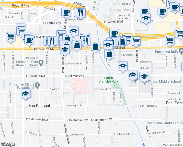 map of restaurants, bars, coffee shops, grocery stores, and more near 209 El Nido Avenue in Pasadena