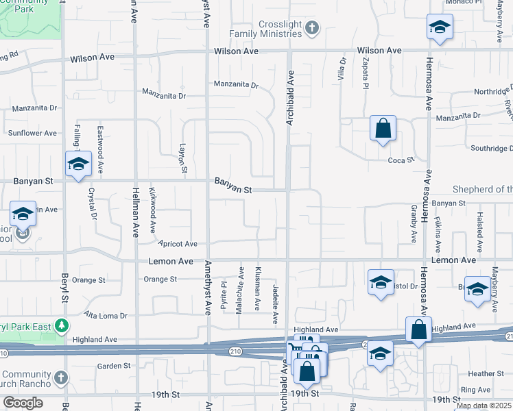 map of restaurants, bars, coffee shops, grocery stores, and more near 6154 Klusman Avenue in Rancho Cucamonga