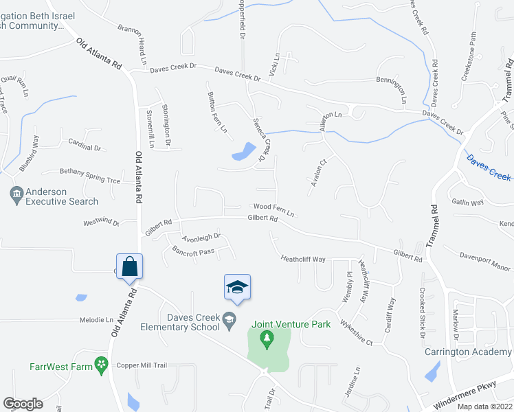 map of restaurants, bars, coffee shops, grocery stores, and more near 2520 Wood Fern Lane in Cumming