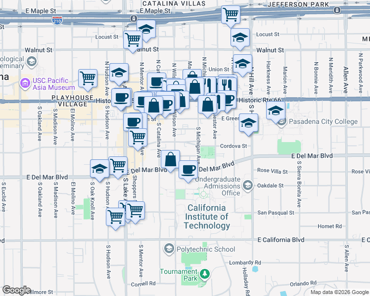 map of restaurants, bars, coffee shops, grocery stores, and more near 1124 Cordova Street in Pasadena