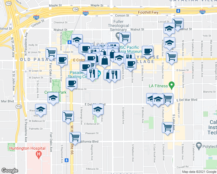 map of restaurants, bars, coffee shops, grocery stores, and more near 199 South Los Robles Avenue in Pasadena