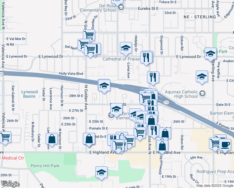 map of restaurants, bars, coffee shops, grocery stores, and more near 2817 North Fairfax Drive in San Bernardino