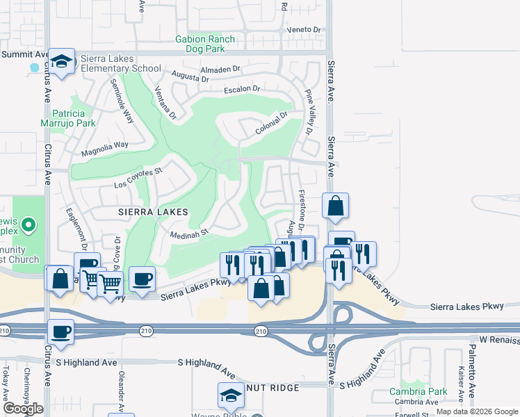 map of restaurants, bars, coffee shops, grocery stores, and more near 6120 Greenboro Way in Fontana