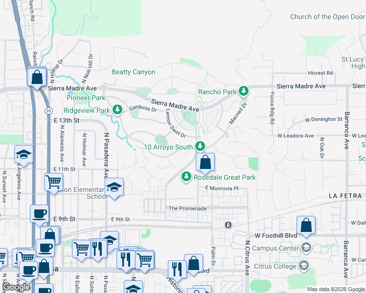 map of restaurants, bars, coffee shops, grocery stores, and more near 750 Lemon Swirl Drive in Azusa