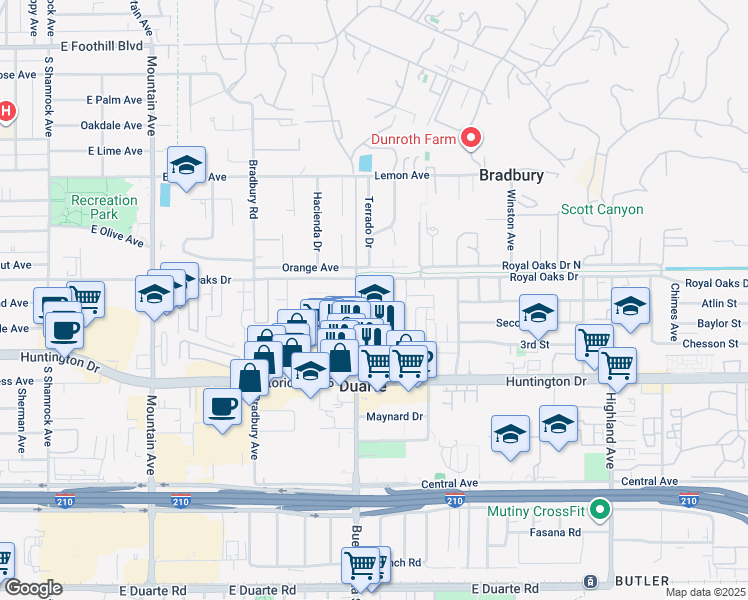 map of restaurants, bars, coffee shops, grocery stores, and more near 1310 Royal Oaks Drive in Duarte