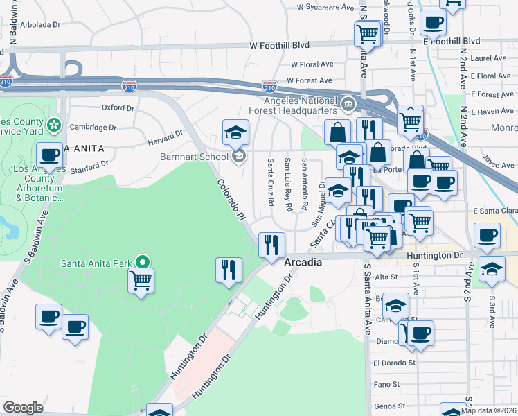 map of restaurants, bars, coffee shops, grocery stores, and more near 234 Santa Rosa Road in Arcadia