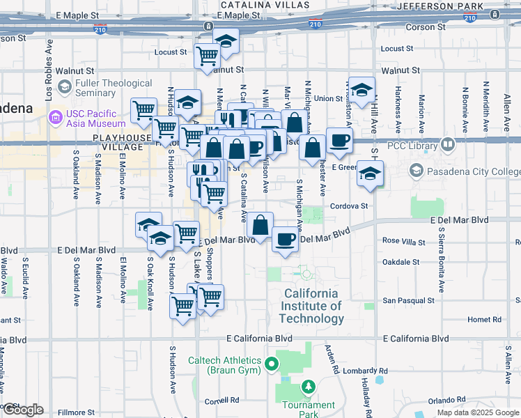 map of restaurants, bars, coffee shops, grocery stores, and more near 151 South Wilson Avenue in Pasadena