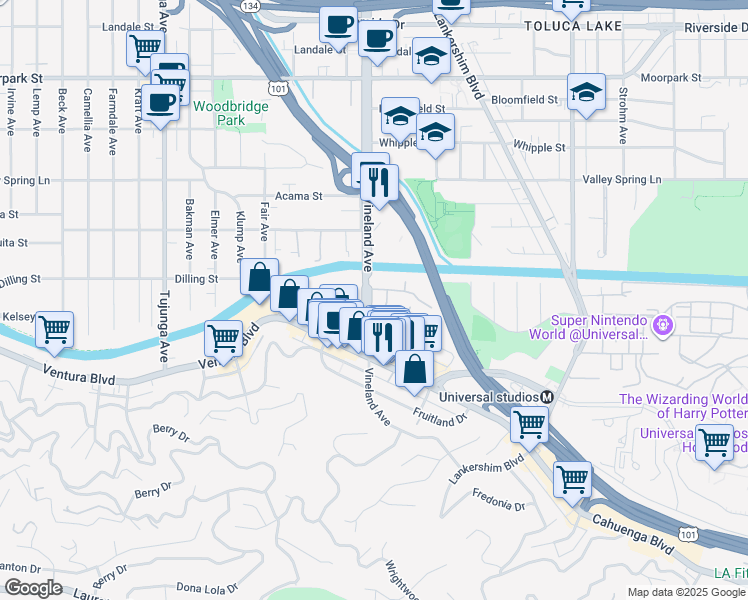 map of restaurants, bars, coffee shops, grocery stores, and more near 10989 Bluffside Drive in Los Angeles