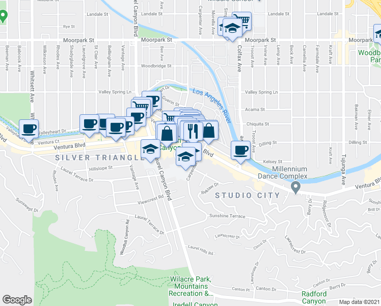 map of restaurants, bars, coffee shops, grocery stores, and more near 11930 Ventura Boulevard in Los Angeles
