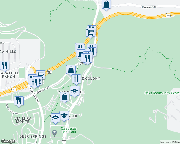 map of restaurants, bars, coffee shops, grocery stores, and more near 4705 Luna Court in Calabasas