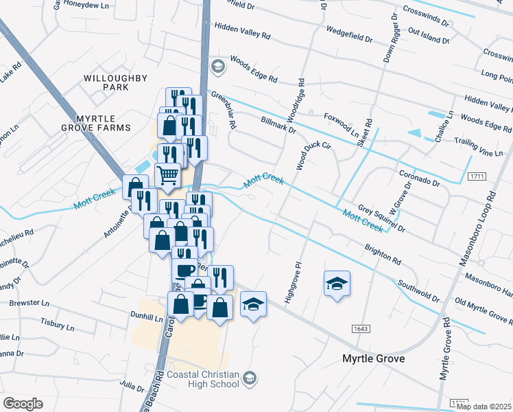 map of restaurants, bars, coffee shops, grocery stores, and more near 615 Piner Road in Wilmington