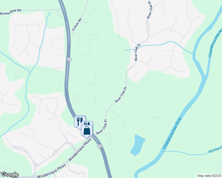 map of restaurants, bars, coffee shops, grocery stores, and more near 3545 Silver Vista Court in Cumming
