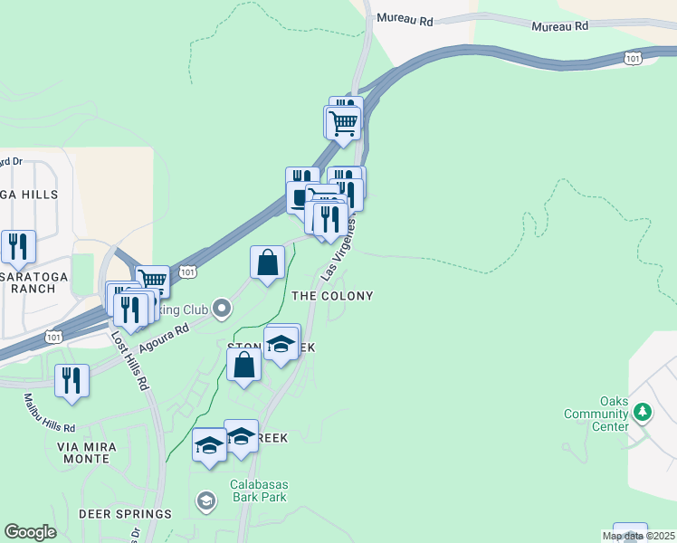 map of restaurants, bars, coffee shops, grocery stores, and more near 4684 Luna Court in Calabasas