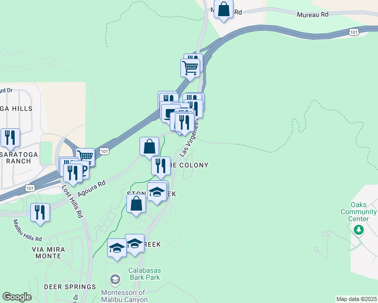 map of restaurants, bars, coffee shops, grocery stores, and more near 4694 Luna Court in Calabasas