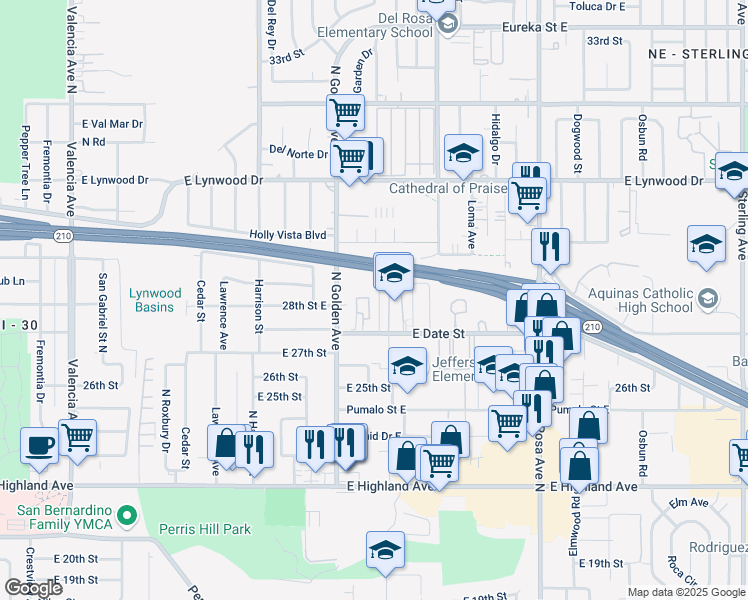 map of restaurants, bars, coffee shops, grocery stores, and more near 2776 Conejo Drive in San Bernardino