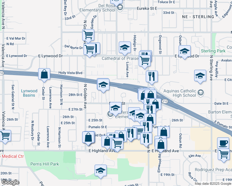 map of restaurants, bars, coffee shops, grocery stores, and more near 2817 North Fairfax Drive in San Bernardino