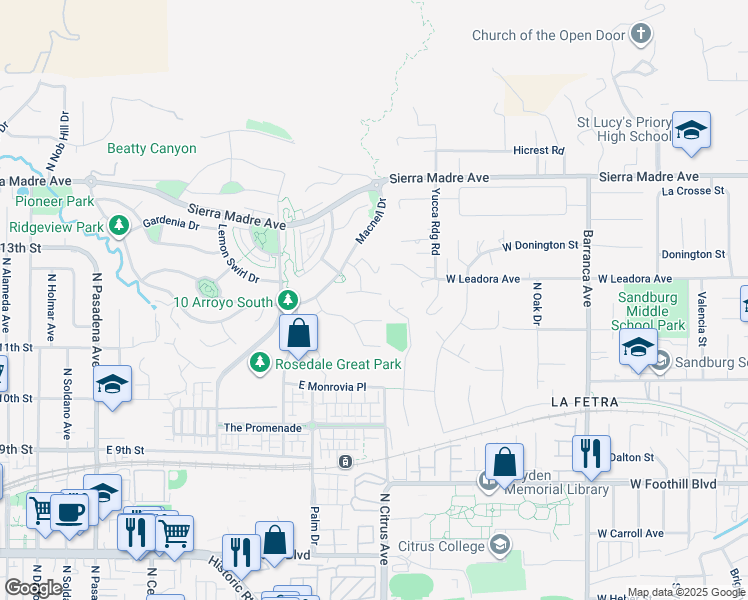 map of restaurants, bars, coffee shops, grocery stores, and more near 886 East Weeping Willow Drive in Azusa