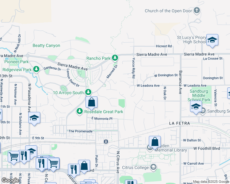 map of restaurants, bars, coffee shops, grocery stores, and more near 886 East Weeping Willow Drive in Azusa