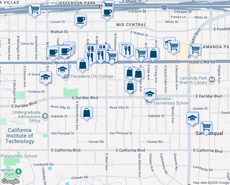 map of restaurants, bars, coffee shops, grocery stores, and more near 195 South Parkwood Avenue in Pasadena