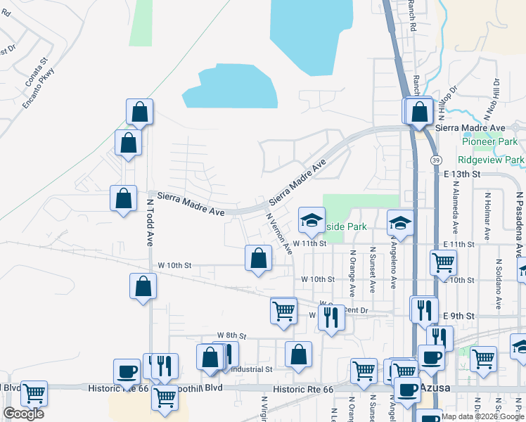 map of restaurants, bars, coffee shops, grocery stores, and more near 900 Sierra Madre Avenue in Azusa