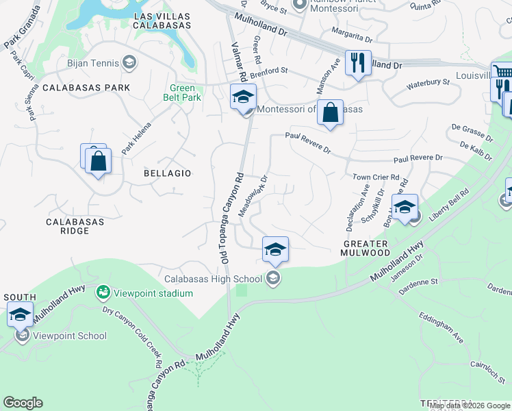 map of restaurants, bars, coffee shops, grocery stores, and more near 23040 Blue Bird Drive in Calabasas