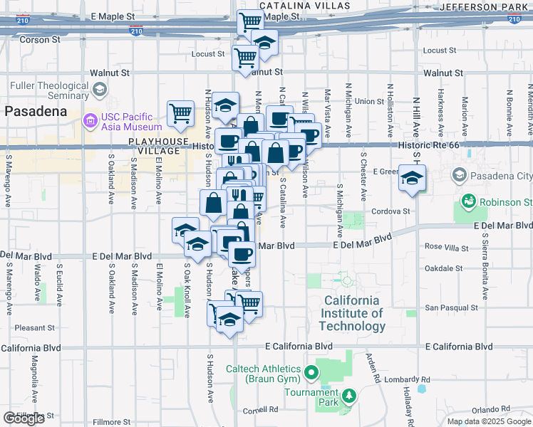 map of restaurants, bars, coffee shops, grocery stores, and more near 1000 Cordova Street in Pasadena