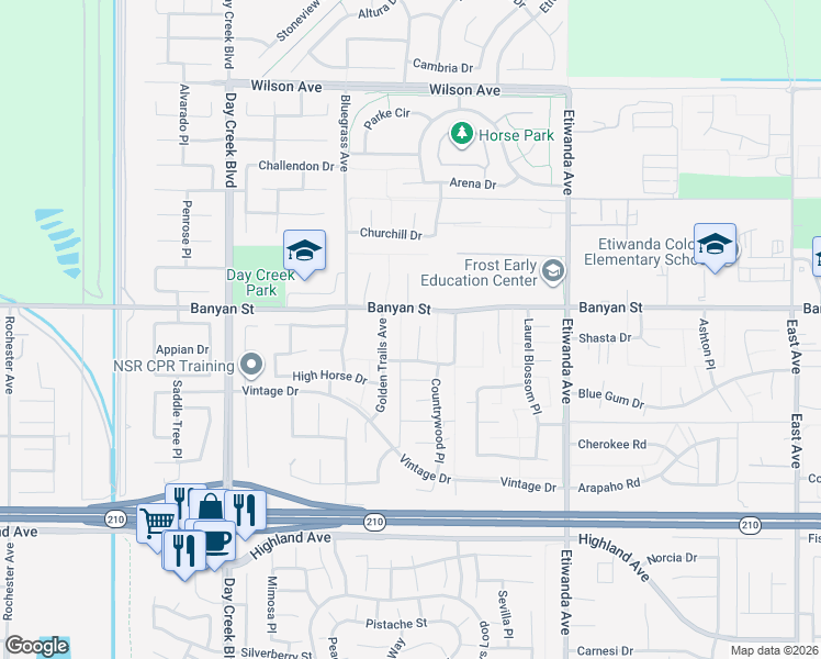 map of restaurants, bars, coffee shops, grocery stores, and more near 6128 Oakridge Court in Rancho Cucamonga