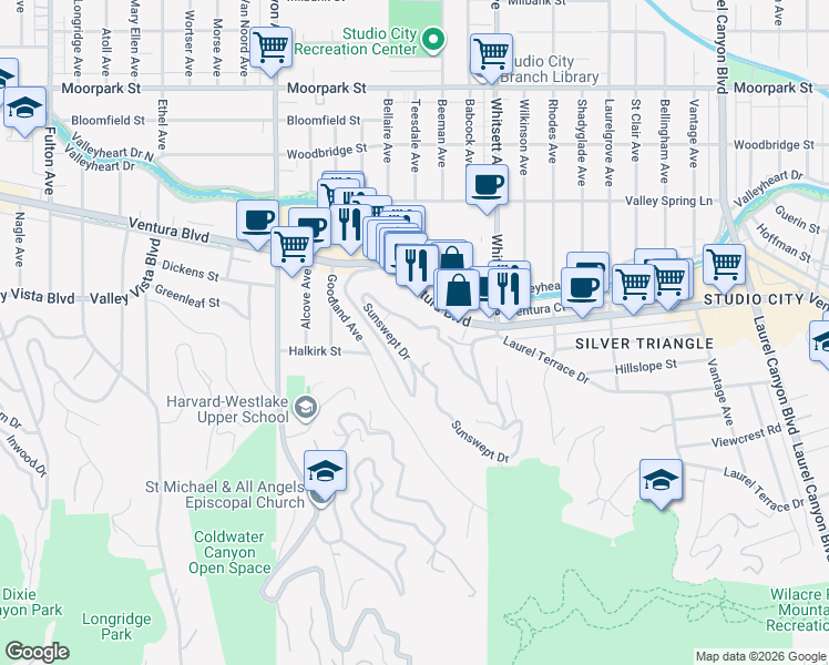 map of restaurants, bars, coffee shops, grocery stores, and more near 4036 Sunswept Drive in Los Angeles
