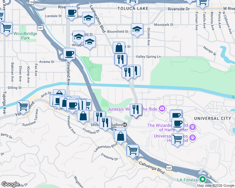 map of restaurants, bars, coffee shops, grocery stores, and more near 4040 Cartwright Avenue in Los Angeles