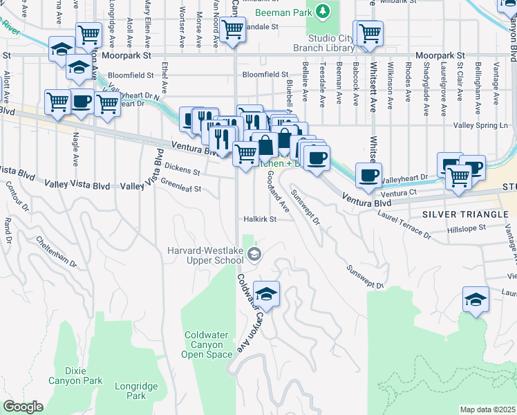 map of restaurants, bars, coffee shops, grocery stores, and more near 3966 Alcove Avenue in Los Angeles