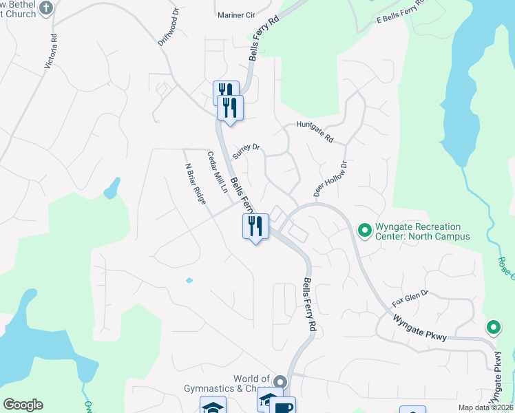 map of restaurants, bars, coffee shops, grocery stores, and more near 413 Pine Grove Way in Woodstock